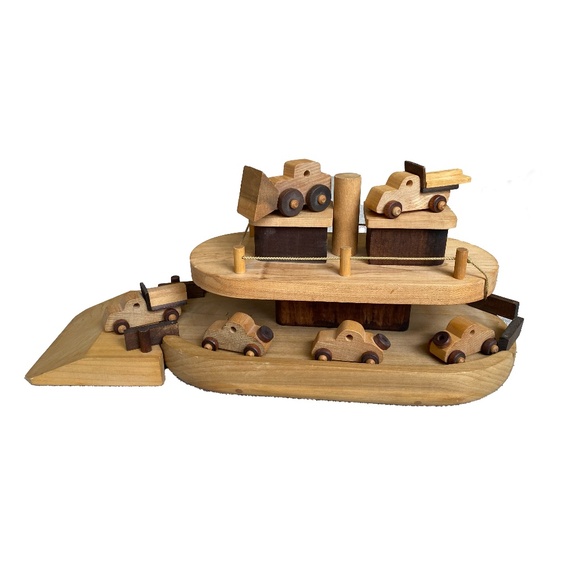 TUCKER TOYS Vintage Wooden Ferry Boat with Wheels and 6 Trucks/Cars Playset USA - Picture 1 of 17